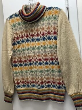 Retro Multicolor Fair Isle mock Turtleneck pullover Sweater L